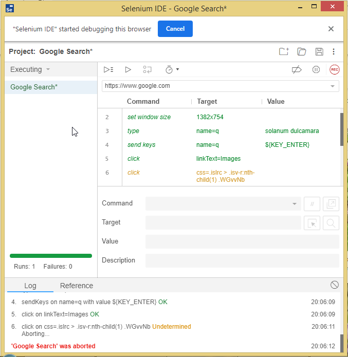 The Selenium IDE window during test execution